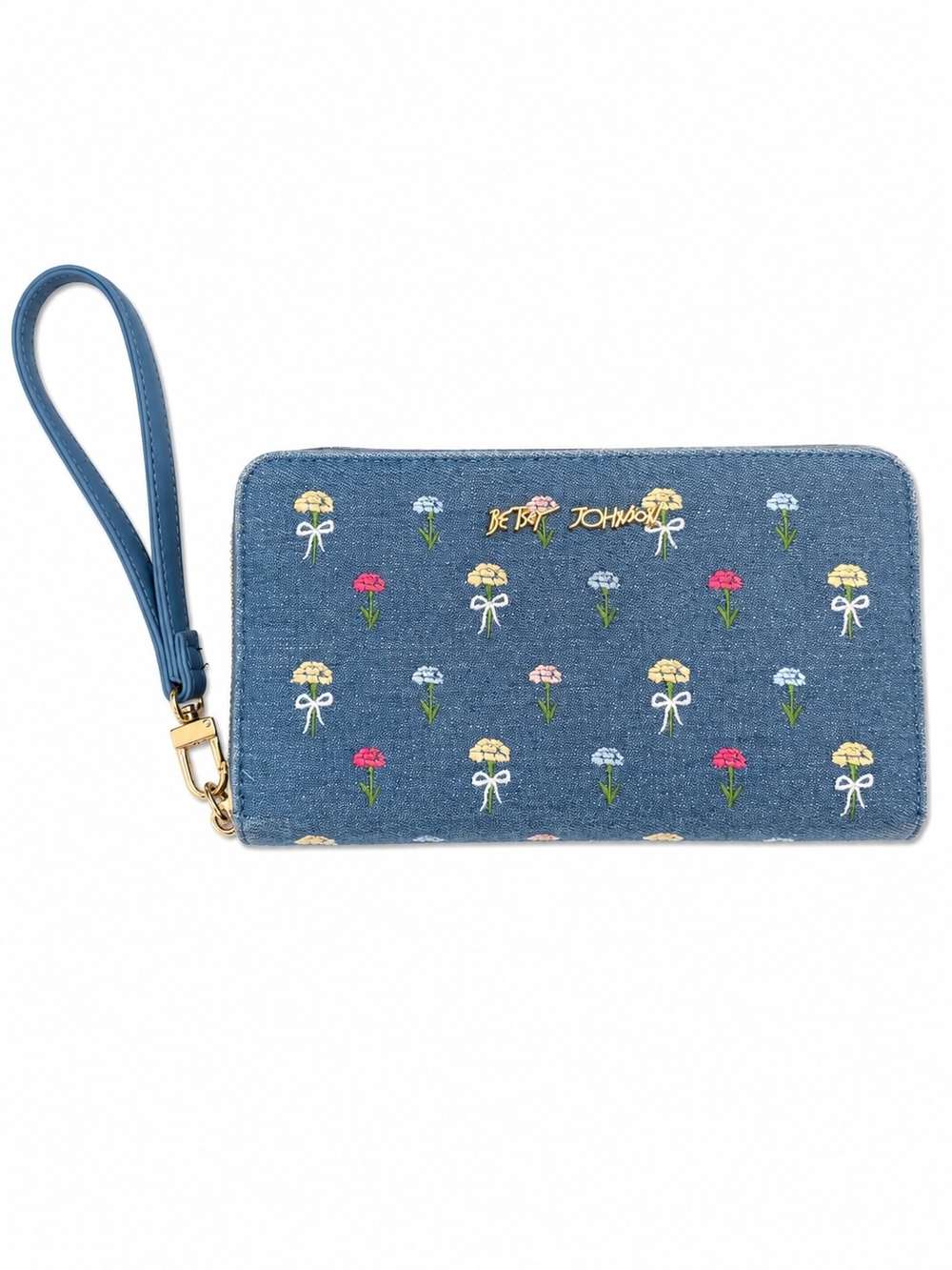 Betsey Johnson Denim Blue Floral Embroidered Wristlet